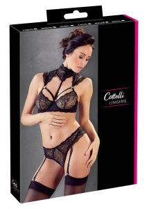 COTTELLI LINGERIE - KORONKOWY ZESTAW Z PASKAMI DO POŃCZOCH CZARNY