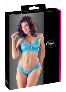COTTELLI LINGERIE - KORONKOWY KOMPLECIK MIĘKKI BIUSTONOSZ I MAJTECZKI NIEBIESKI