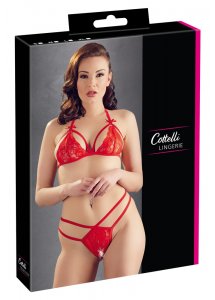 COTTELLI LINGERIE - SEKSOWNY KOMPLECIK KORONKOWE STRINGI I BIUSTONOSZ CZERWONY