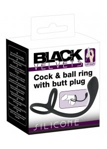 3W1 PIERŚCIEŃ NA PENISA I JĄDRA Z ZATYCZKĄ ANALNĄ-BLACK VELVETS