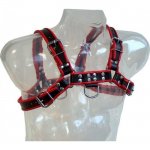 LEATHER BODY CHAIN HARNESS III - SKÓRZANA UPRZĄŻ Z D-RINGIEM CZARNO/CZERWONA