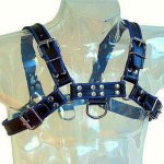 LEATHER BODY CHAIN HARNESS III - SKÓRZANA UPRZĄŻ Z D-RINGIEM CZARNO/NIEBIESKA