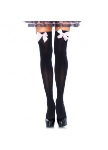 LEG AVENUE - CZARNE GŁADKIE POŃCZOCHY Z RÓŻOWĄ KOKARDĄ ONE SIZE