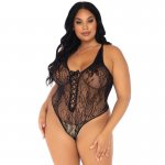 LEG AVENUE - SEKSOWNE KORONKOWE BODY TYPU STRINGI CZARNE PLUS SIZE
