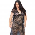 LEG AVENUE - DŁUGI SEKSOWNY SZLAFROK Z KORONKI Z WSTĄŻKAMI + STRINGI XL/2XL