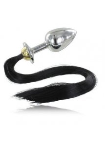 METAL HARD - STALOWY KOREK ANALNY Z CZARNĄ DŁUGĄ KITĄ 8.89CM