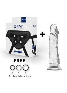 X RAY - UPRZĄŻ Z 3 PIERŚCIENIAMI + PRZEZROCZYSTE DILDO 19CM