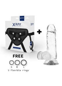 X RAY - UPRZĄŻ Z 3 PIERŚCIENIAMI + PRZEZROCZYSTE DILDO 15,5CM